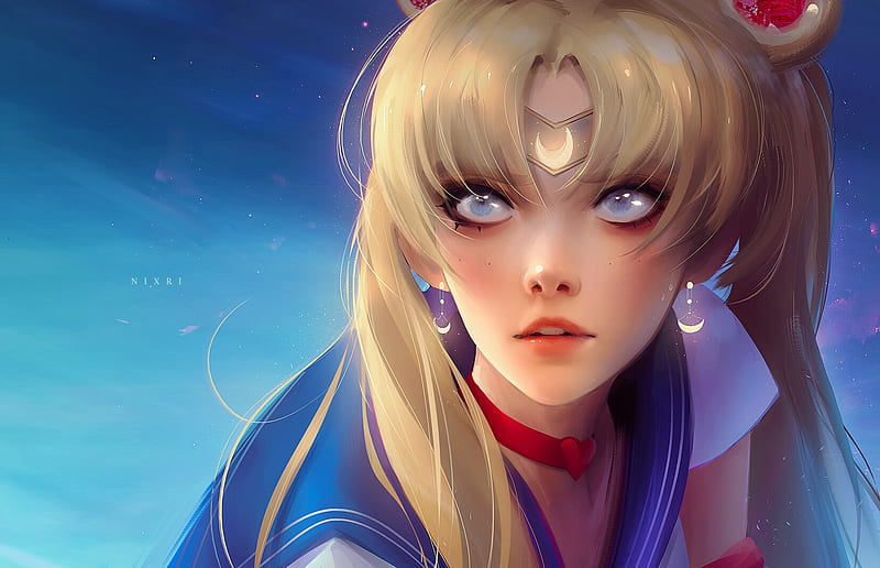 Sailor Moon, anime, blonde, manga, nixri, face, blue, art, red, fantasy, HD wallpaper