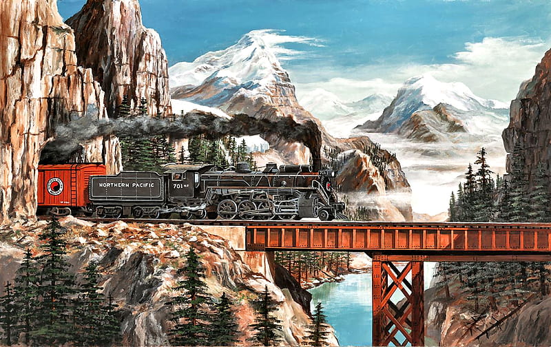 Summit Pass - Train F, railroad, art, locomotive, bonito, illustration, artwork, train, bridge, engine, mountains, painting, wide screen, river, tracks, landscape, HD wallpaper