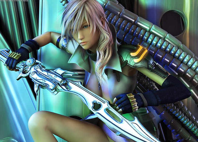 Final Fantasy's Lightning, games, cg, green eyes, video games, ff13, gloves, final fantasy series, blade, final fantasy xiii, ffxiii, anime, lightning farron, final fantasy, realistic, sword, female, weapons, girl, claire farron, lightning, lone, dissidia, solo, thighs, pink hair, final fantasy 13, HD wallpaper