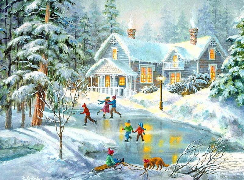Winter day, pretty, house, cottage, children, cabin, bonito, nice, painting, village, pink, kids, frost, lovely, holiday, christmas, fun, new year, trees, winter, noel, icy, snow, ice, nature, frozen, HD wallpaper