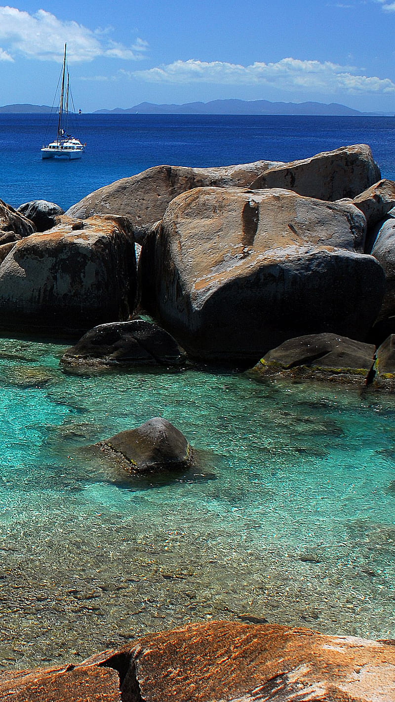 Caribbean Coast, sail boat, shore rocks, HD phone wallpaper