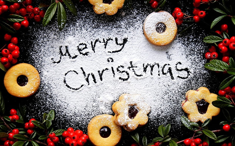 Merry Christmas!, red, craciun, christmas, card, mistletoe, cookies, green, berry, white, HD wallpaper