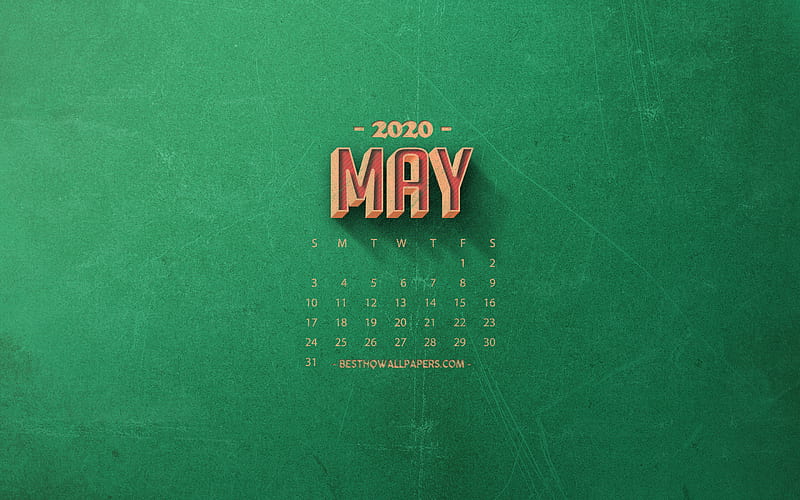 2020 May Calendar, green retro background, 2020 spring calendars, May 2020 Calendar, retro art, 2020 calendars, May, HD wallpaper