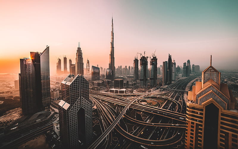 Dubai, UAE, skyscrapers, modern architecture, business centers, evening, sunset, HD wallpaper
