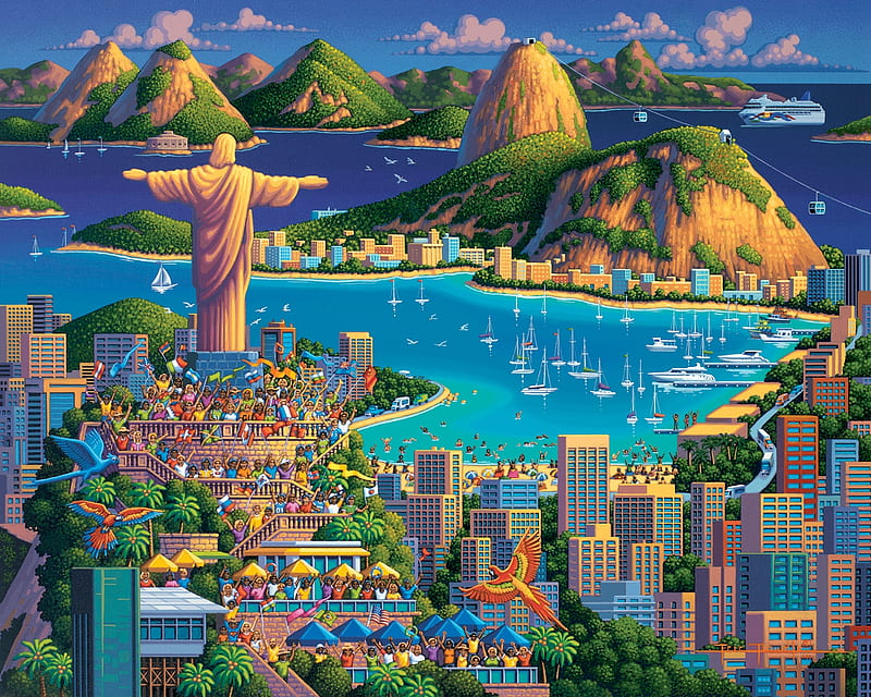 Rio De Janeiro, art, city, water, painting, pictura, eric dowdle, blue, HD wallpaper