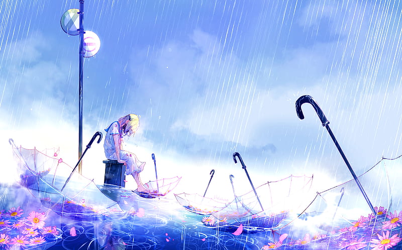 Rain Not Affect Me, anime-girl, anime, rain, artist, artwork, digital-art, HD wallpaper