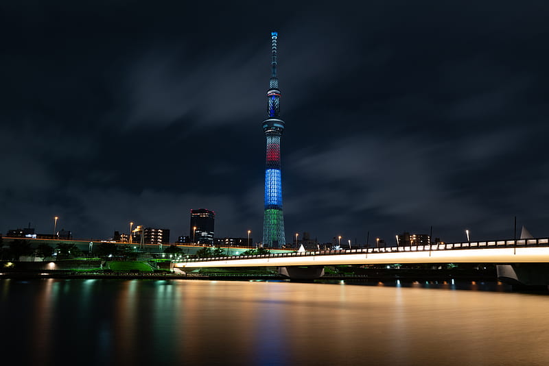 bridge, night, man-made, modern architecture, tower, lights, water, City, HD wallpaper