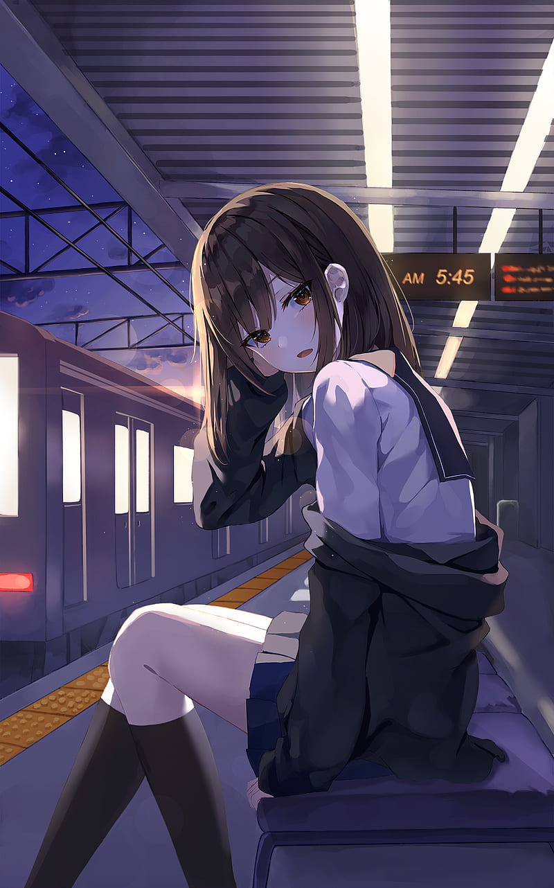 Lkeris, anime, anime girls, vertical, train station, sitting, school uniform, brunette, brown eyes, HD phone wallpaper
