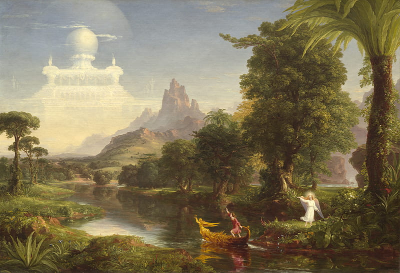 The Voyage of Life ~ Youth, art, angel, thomas cole, youth, man, boat, the voyage of life, water, painting, pictura, HD wallpaper