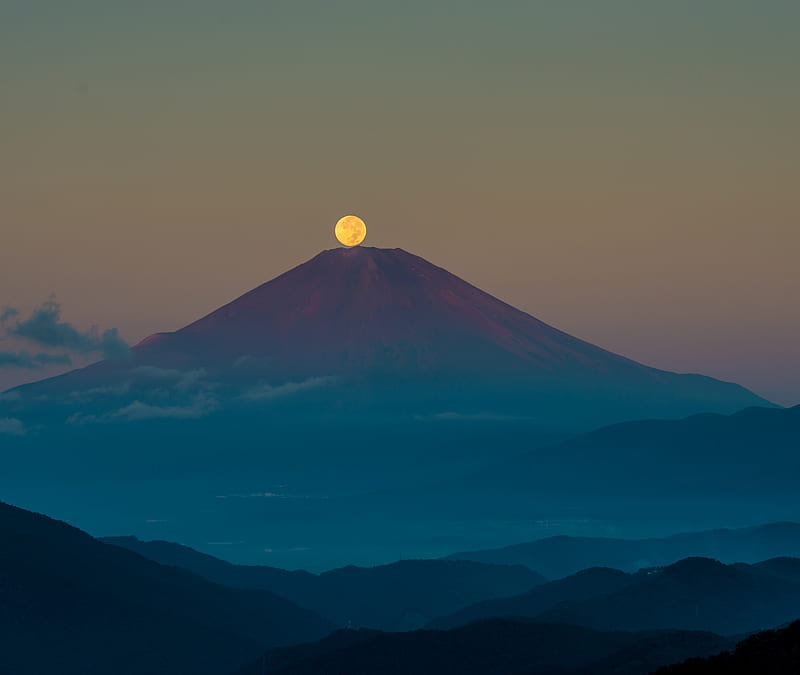 Fuji and Moon, japan, jp, HD wallpaper