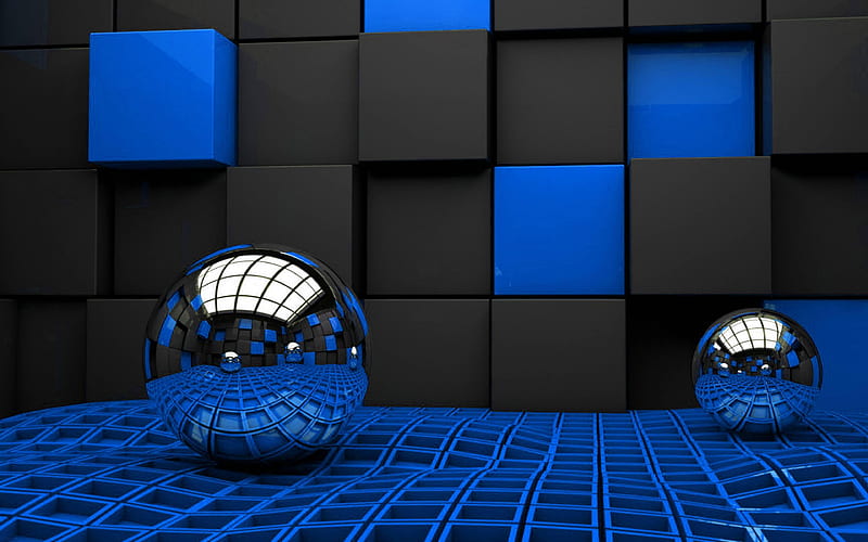 metal 3D spheres blue and black cubes, 3D metal balls, spheres, cubes, 3D art, HD wallpaper
