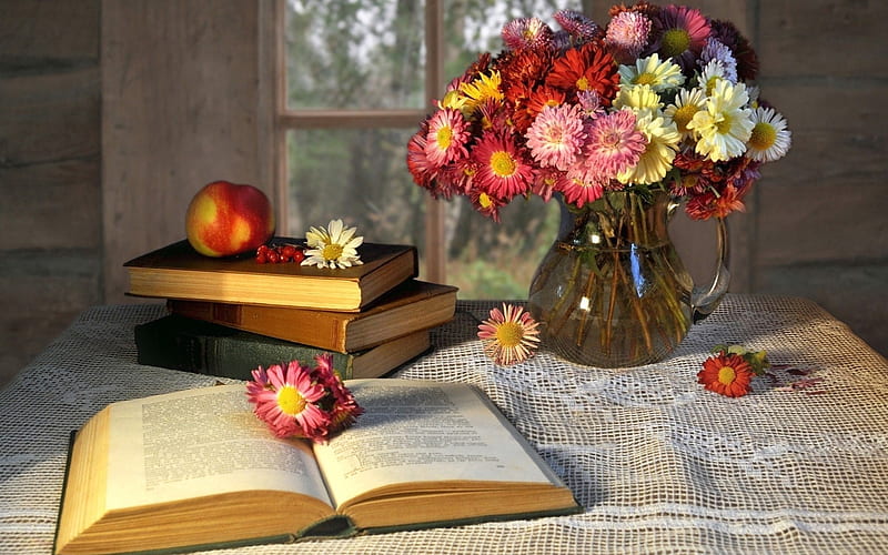 graphy, Still Life, Apple, Book, Flower, Pitcher, Vase, HD wallpaper
