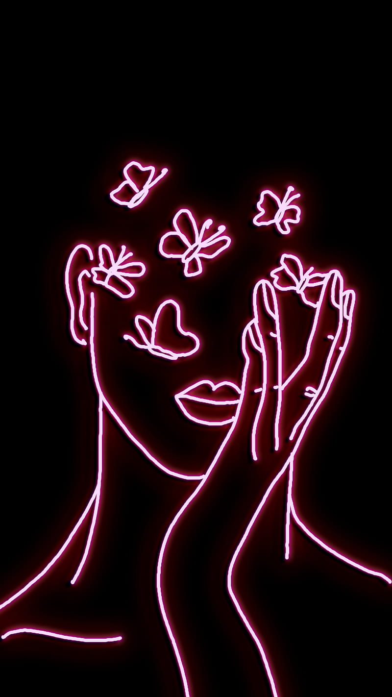 happy thoughts, 80s, black, butterfly, drawing, lady, lettering, light, neon, neon light, pink, HD phone wallpaper