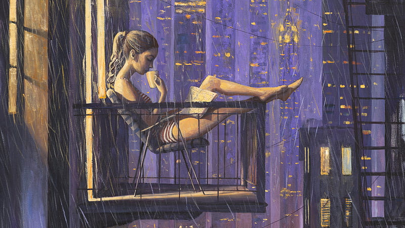 Girl Reading Book Drinking Coffee While Sitting On Balcony Painting, artist, artwork, digital-art, balcony, painting, coffee, book, HD wallpaper