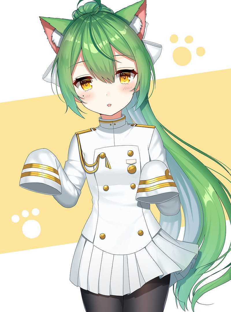 Anime neko, cat, cute, girl, green, HD phone wallpaper | Peakpx