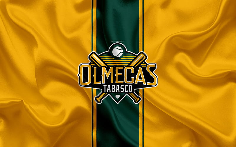 Olmecas de Tabasco Mexican baseball club, logo, silk texture, LMB, emblem, yellow green flag, Mexican Baseball League, Triple-A Minor League, Villahermosa, Tabasco, Mexico, HD wallpaper