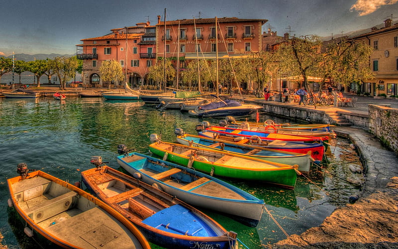 Beautiful View, architecture, pretty, house, umbrella, clouds, boat, italia, boats, splendor, beauty, chair, reflection, italy, lovely, houses, town, port, buildings, sky, trees, building, water, harbour, alley, landscape, colorful, sunny, bonito, chairs, view, colors, terrace, lake, tree, peaceful, nature, HD wallpaper