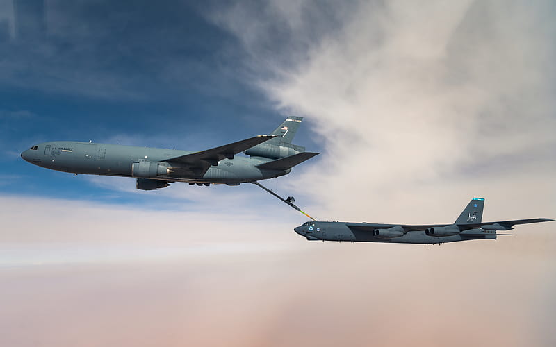 McDonnell Douglas KC-10 Extender, American tanker aircraft, Boeing B-52 Stratofortress, american strategic bomber, United States Air Force, B-52, refueling in the air, American military aircraft, HD wallpaper