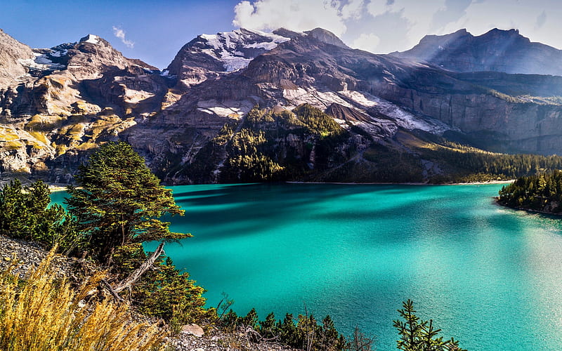 mountain lake, Alps, emerald lake, mountain landscape, glacial lake, Switzerland, HD wallpaper