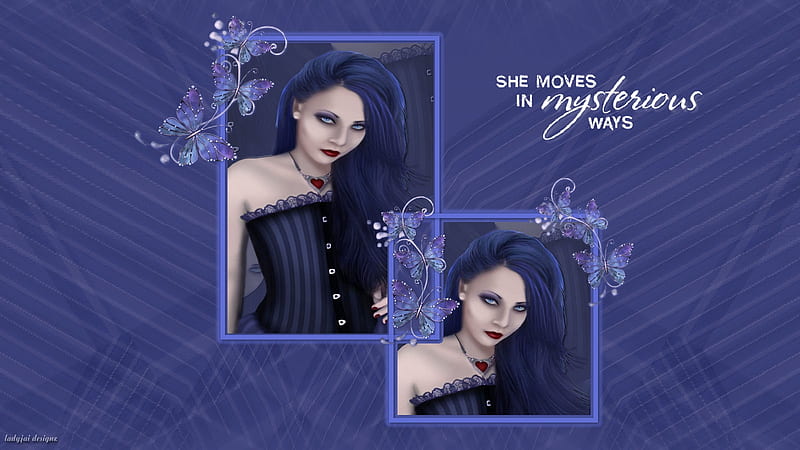 Mysterious Beauty, mystery, purple, beauty, butterflies, mysterious, lady, blue, HD wallpaper
