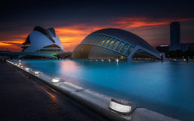 Valencia, City of Arts and Sciences, futuristic buildings, modern architecture, fountains, evening, sunset, Spain, HD wallpaper