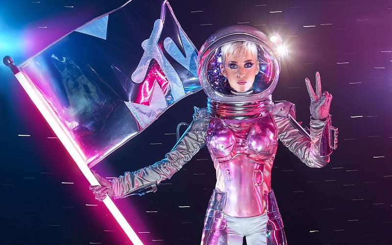 Katy Perry, hoot, original cosmonaut costume, MTV Video Music Awards, neon stick, portrait, Katheryn Elizabeth Hudson, HD wallpaper