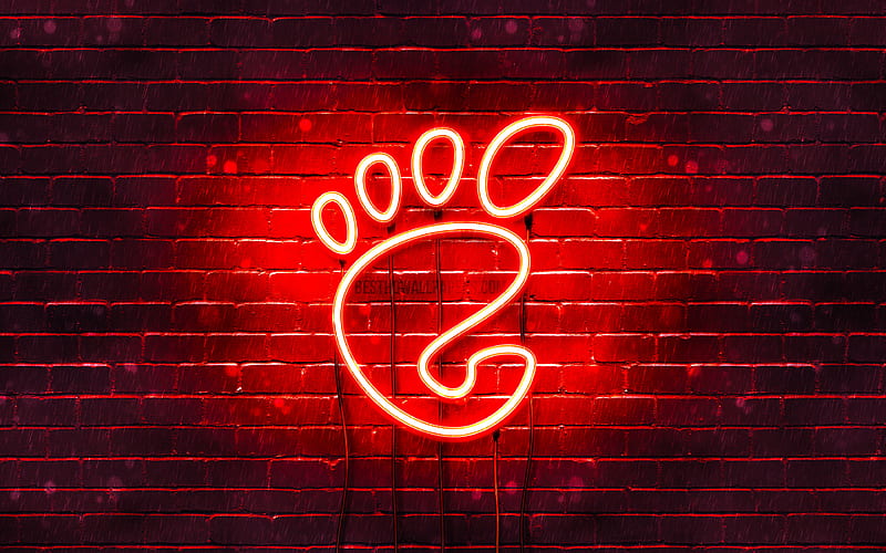 Gnome red logo, red brickwall, Gnome logo, Linux, brands, Gnome neon logo, Gnome, HD wallpaper