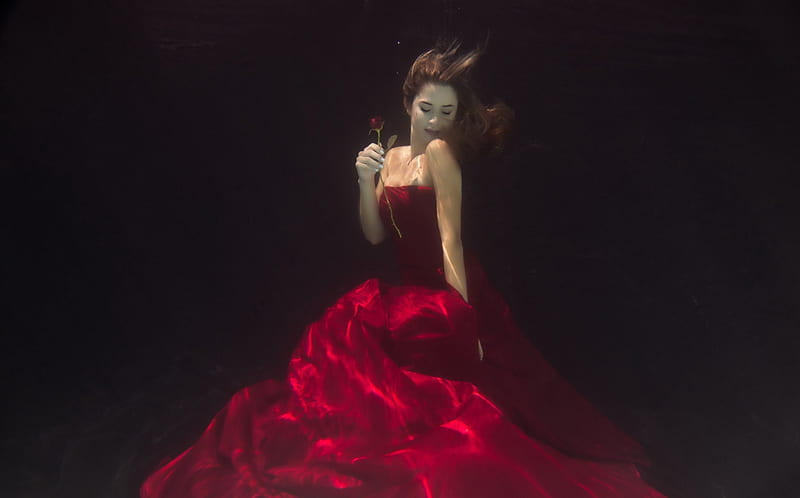Belle underwater, underwater, beauty and the beast, red dress, rose, belle, black, creative, woman, situation, fantasy, girl, dark, flower, HD wallpaper