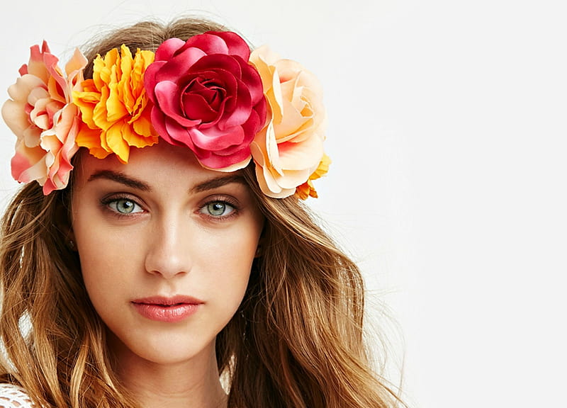 Beauty Red Wreath Model Rose Yellow Woman Girl Flower Face Hd