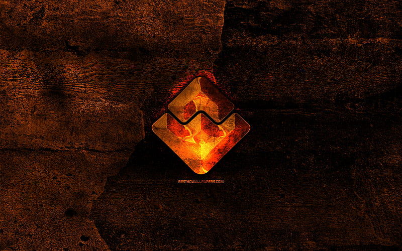 Waves Platform fiery logo, orange stone background, creative, Waves Platform logo, cryptocurrency, Waves Platform, HD wallpaper