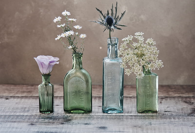 three green and one blue glass vases with flowers inside, HD wallpaper