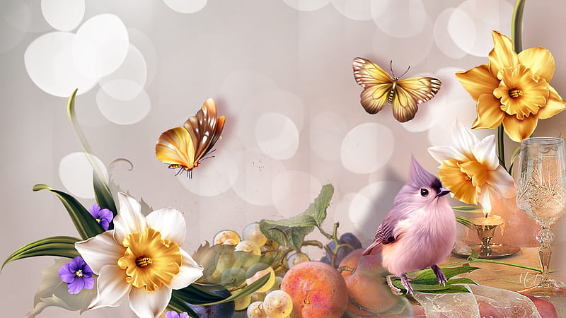 Lavender Bird Gold Butterflies, summer, flowers, spring, butterflies, Firefox theme, daffodils, fruit, grapes, glass, bokeh, bird, flute, goblet, HD wallpaper