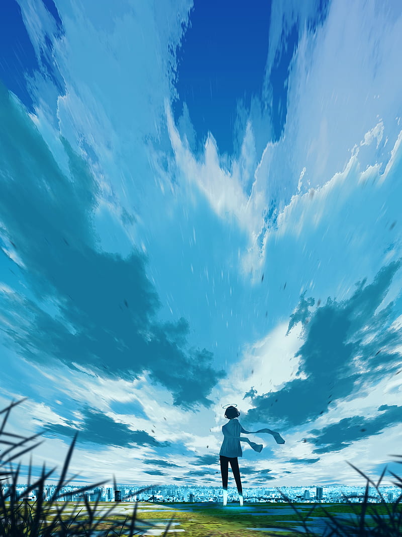 Anime Girl Alone Clouds Sky Scenery Art 4K Wallpaper iPhone HD Phone #7391l