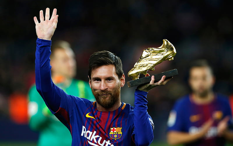 Lionel Messi, golden boots portrait, smile, Barcelona FC, Catalonia, Spain, football, HD wallpaper