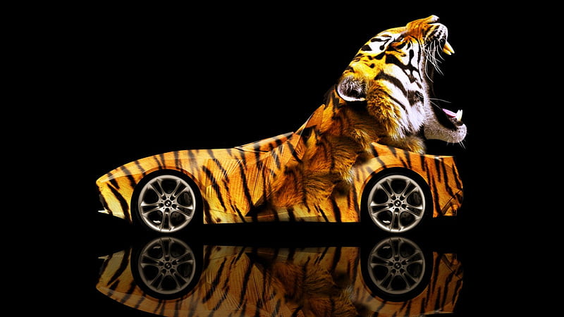Fantasy tiger car, orange, black, tiger, animal, fantasy, car, funny, raging, white, HD wallpaper