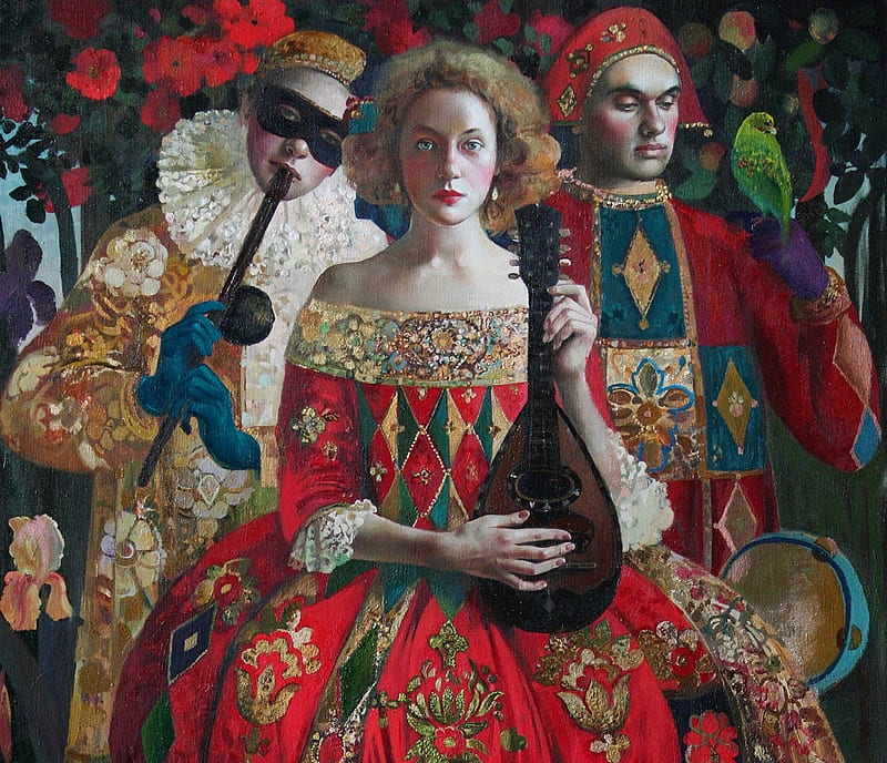 Masquerade, red, luminos, man, instrument, girl, trio, painting, pictura, olga suvorova, HD wallpaper