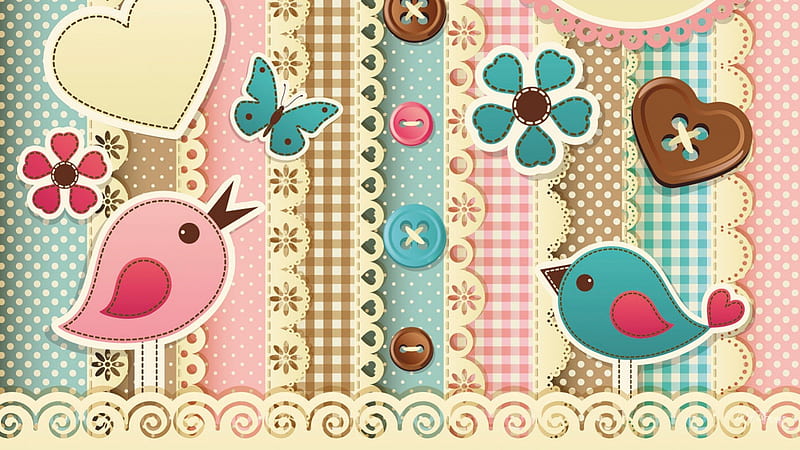 Birds and Buttons, buttons, sewing, flowers, brown, lace, quilt, turquoise, butterfly, papillon, aqua, flowers, pink, birds, seamstress, butterflies, gingham, tan, sew, plaid, quilting, fabric, pastel, HD wallpaper