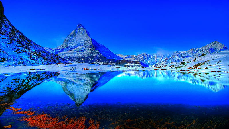 Deep in the Blue Hour, vivid, pristine, clear, matterhorn, clean, bonito, smooth, switzerland, snowcapped, crystal, blue, HD wallpaper