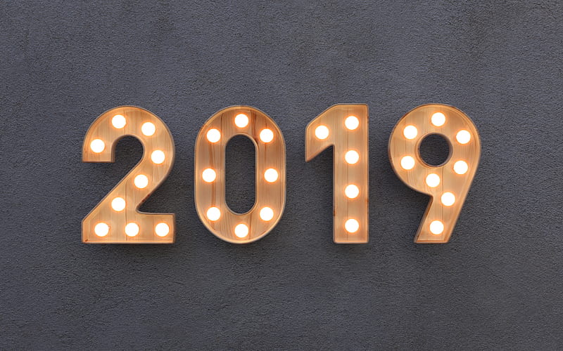Creative 2019 background, Happy New Year, wooden letters with light bulbs, 2019 concepts, gray 2019 background, art, 2019 year, HD wallpaper