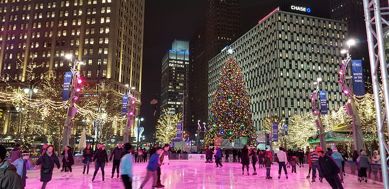Skating Christmas, city, tree, christmas, detroit, skating, rink, HD wallpaper