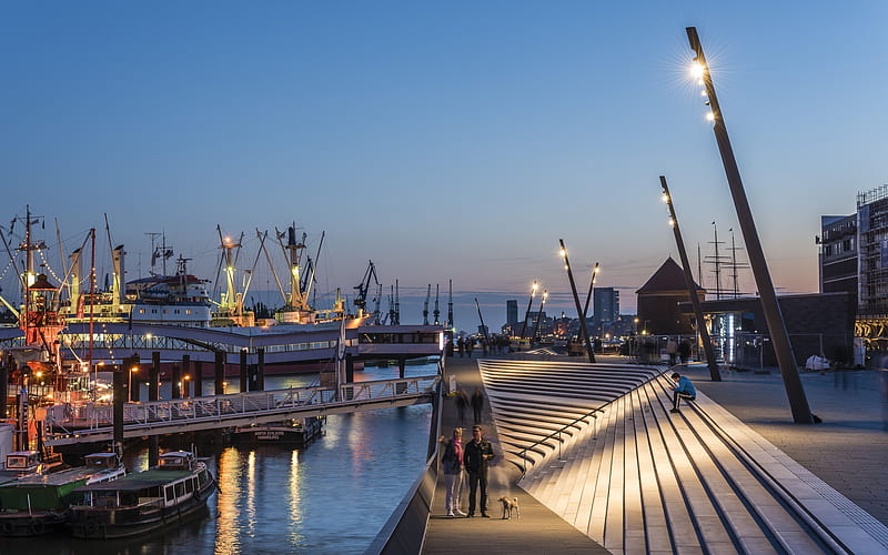 New Port Promenade in Hamburg, evening, Germany, promenade, harbor, HD wallpaper
