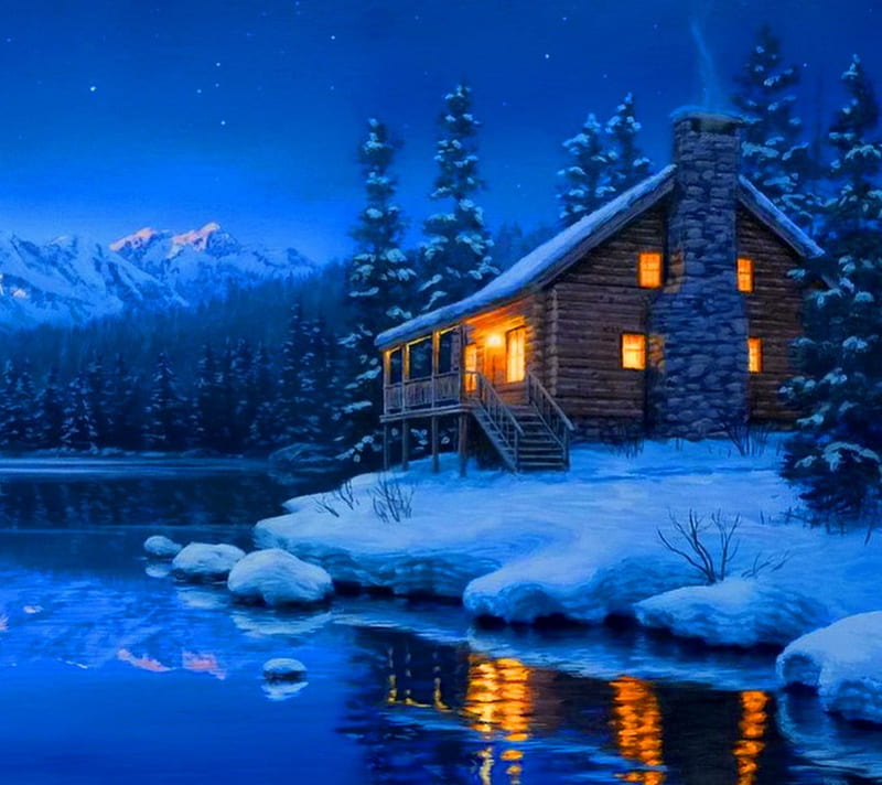 Winter Cabin, nature, HD wallpaper