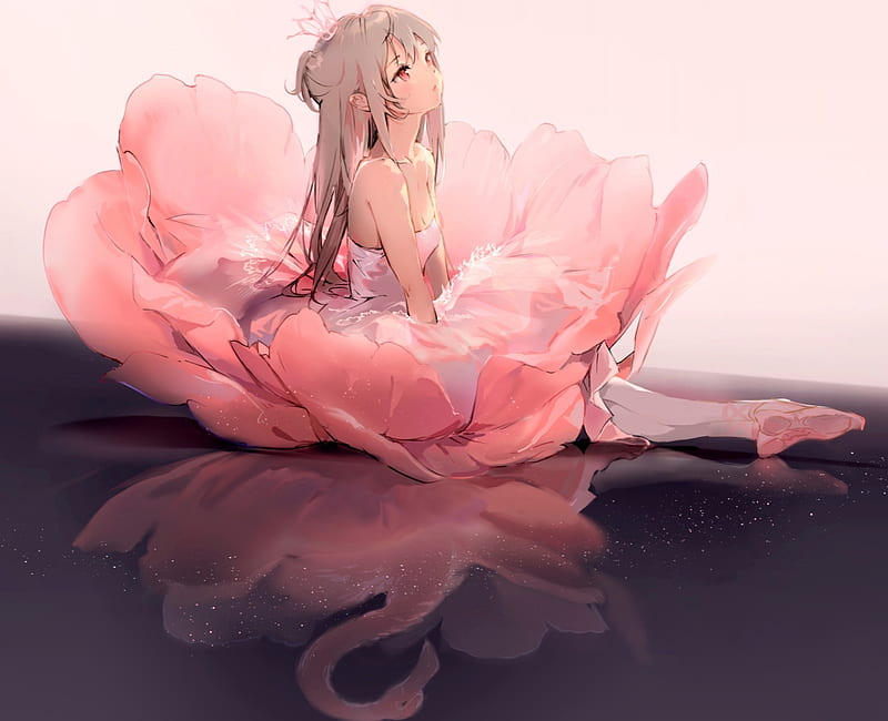Castle In The Sky, anmi, Sweet, Anime, Red Eyes, Lovely, Animal, bonito, Pink Shoes, Reflection, Pink, Girl, Long Hair, Pink Dress, Bird, HD wallpaper