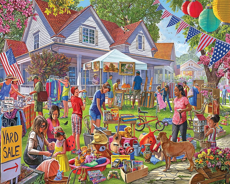 Yard sale, pictura, art, painting, house, people, HD wallpaper