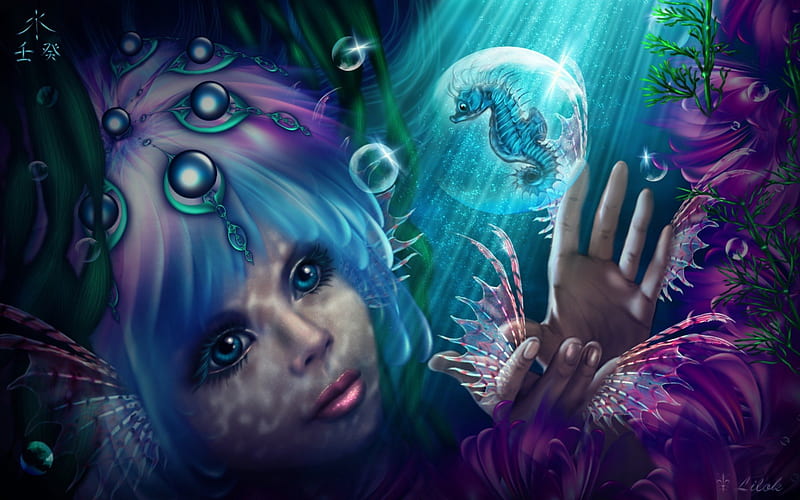 ✰MARINA is the WATER✰, pretty, wonderful, bubles, magic, Marina, Mythology, beauty, Chinese, face, Wu Xing, fishes, lovely, supernatural, lips, Water, cool, eyes, colorful, Customization, Philosophy, bonito, hair, Digital Art, beam, light, blue, seaweeds, amazing, female, fins, composition, fantastic, colors, Legend, Fantasy, 5 Elements, shines, magical, sea horse, HD wallpaper