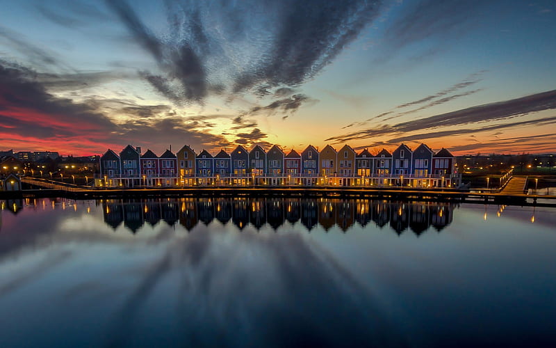 Hauten, quay, city lights, colorful houses, evening, Holland, Netherlands, HD wallpaper