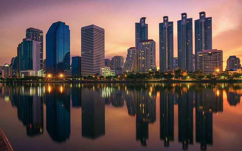 Bangkok, evening, skyscrapers, modern houses, sunset, bay, Thailand, HD wallpaper