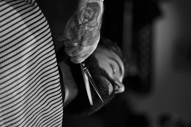 grayscale graphy of person holding scissor clipping man's beard, HD wallpaper