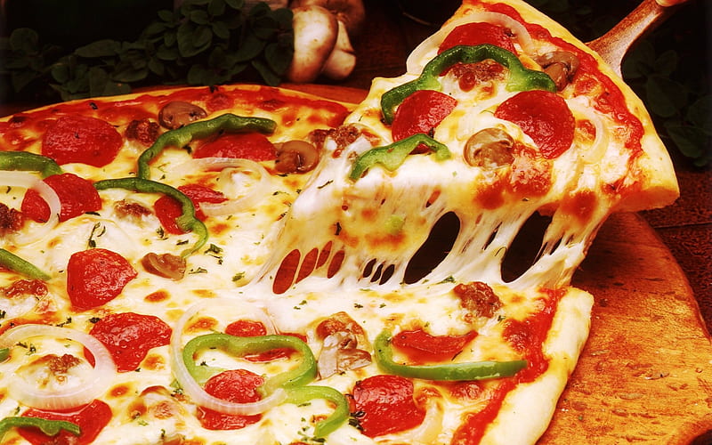 pizza slice, fast food, cheese, green peppers, Food, HD wallpaper