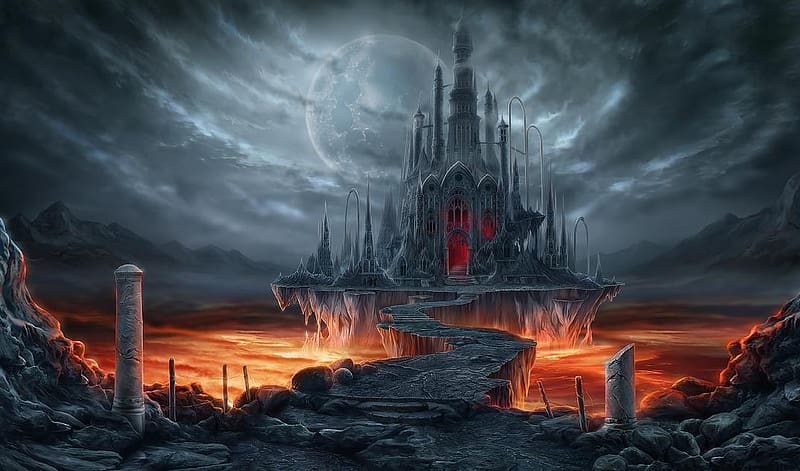 Dark Castle Surrounded by a Lava Moat, scary, moon, moat, Castle, dark, foreboding, lava, HD wallpaper